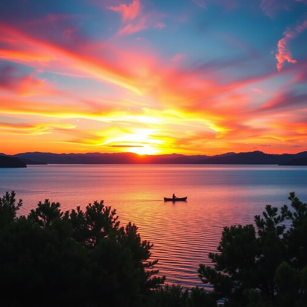 a breathtaking scene of a picturesque sunset over a serene lake, with vibrant hues of orange, pink, and purple reflecting on the water's surface