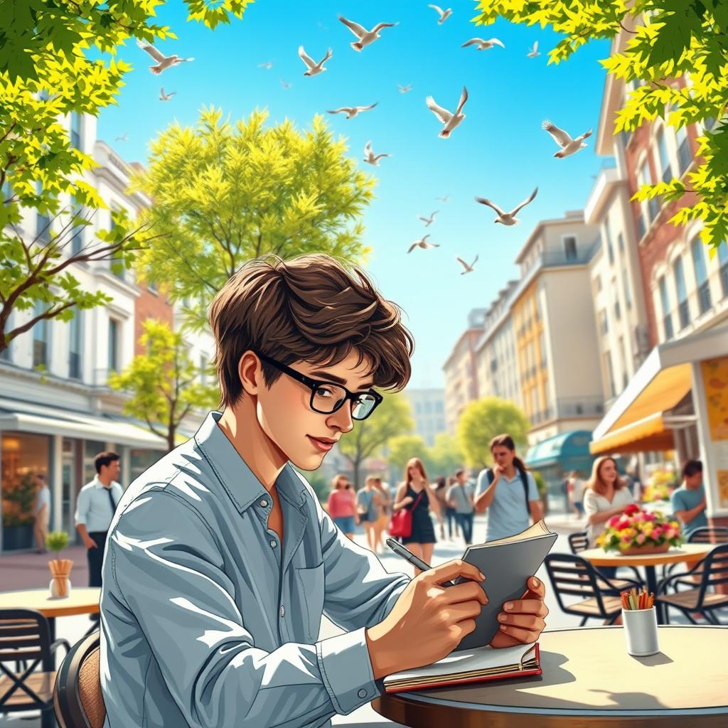 A vibrant city scene on a bright morning, filled with life and energy