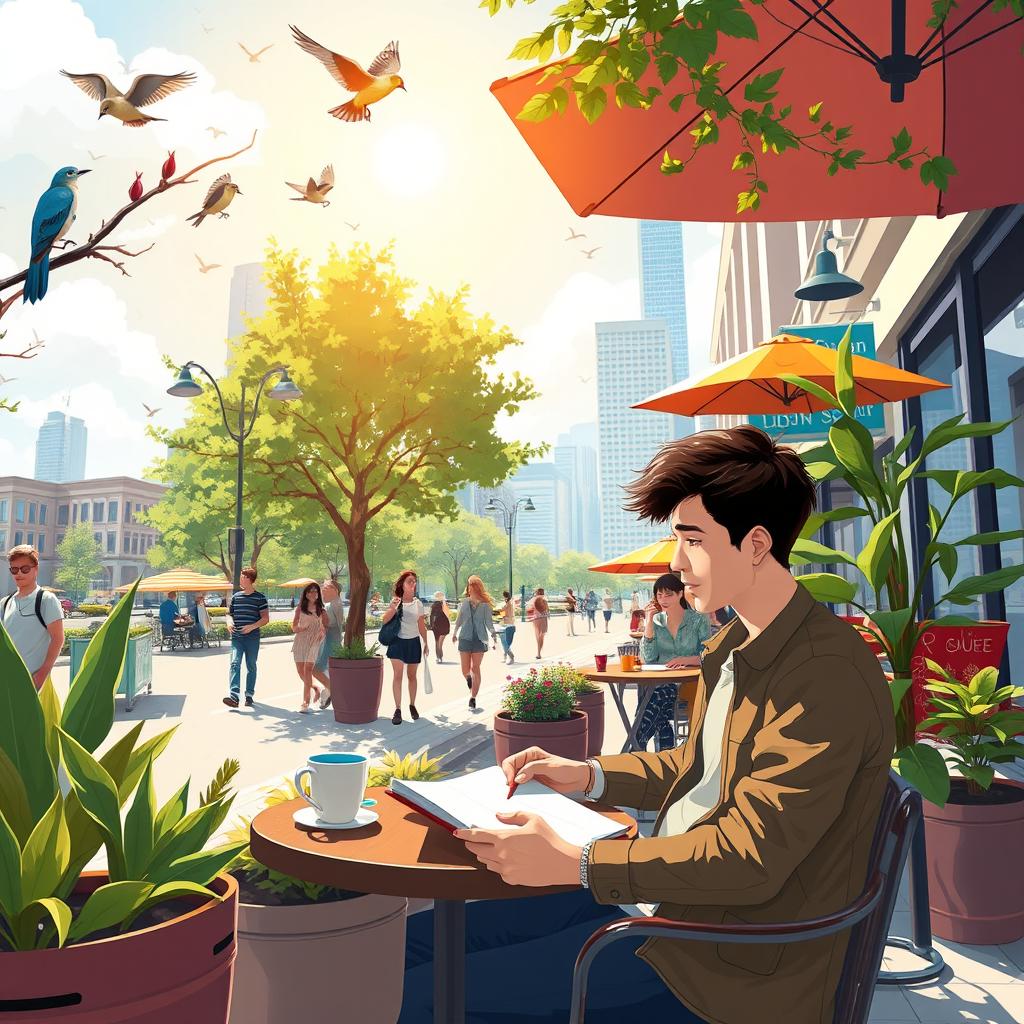 A vibrant city scene depicting a bright morning