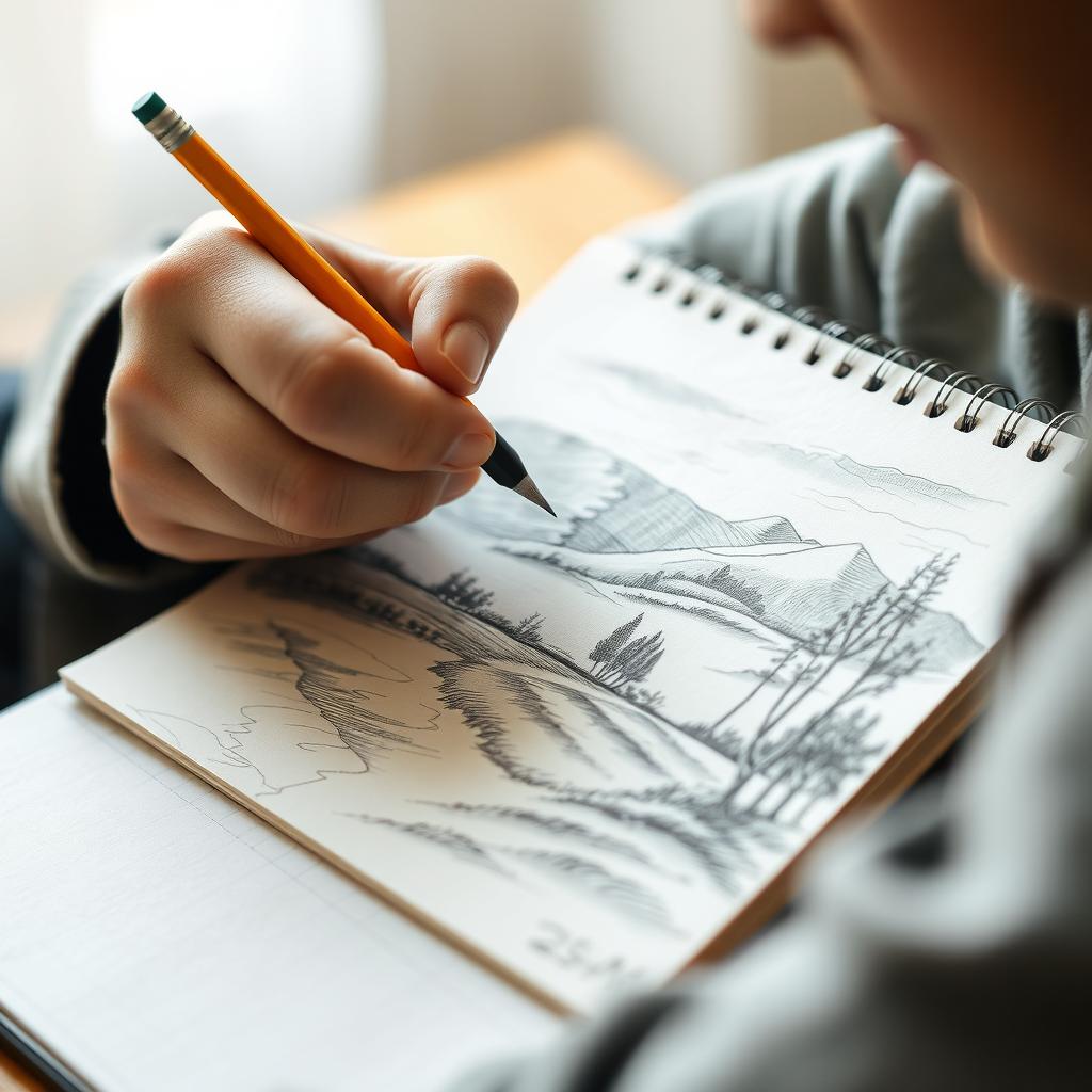 A close-up view of a young man's hand skillfully drawing a beautiful landscape in his sketchbook