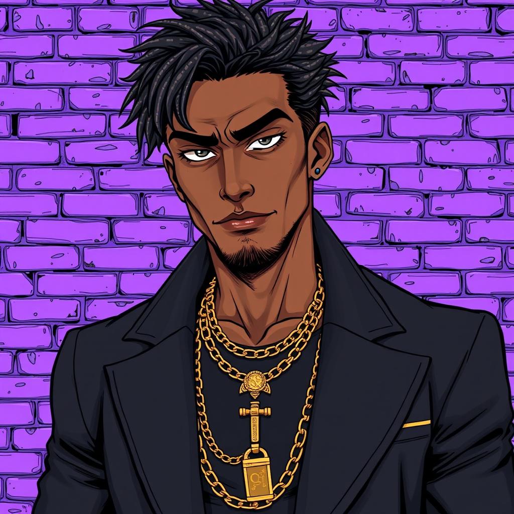 A detailed manga-style illustration of a confident dark-skinned man with shaggy textured hair