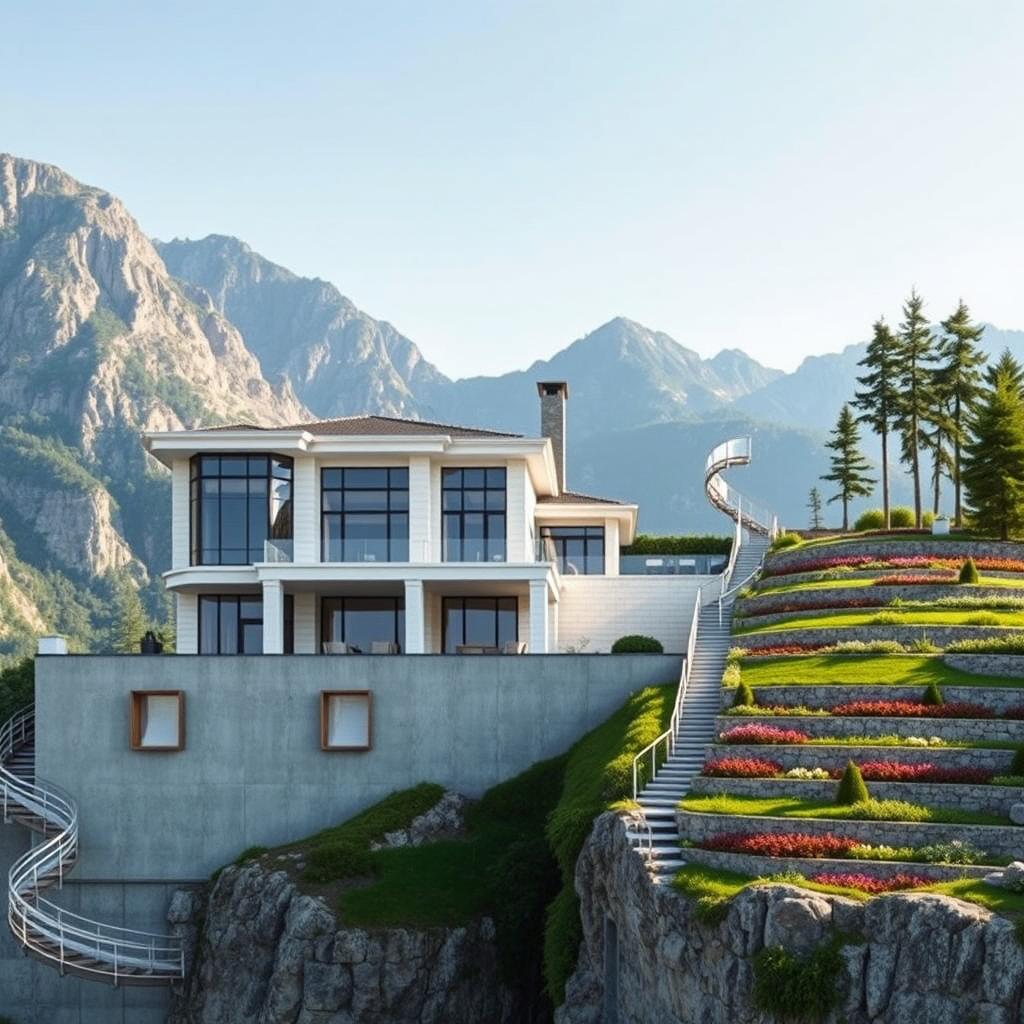 A splendid two-story house located on the slope of tall mountains, sitting on a 4-meter high concrete wall
