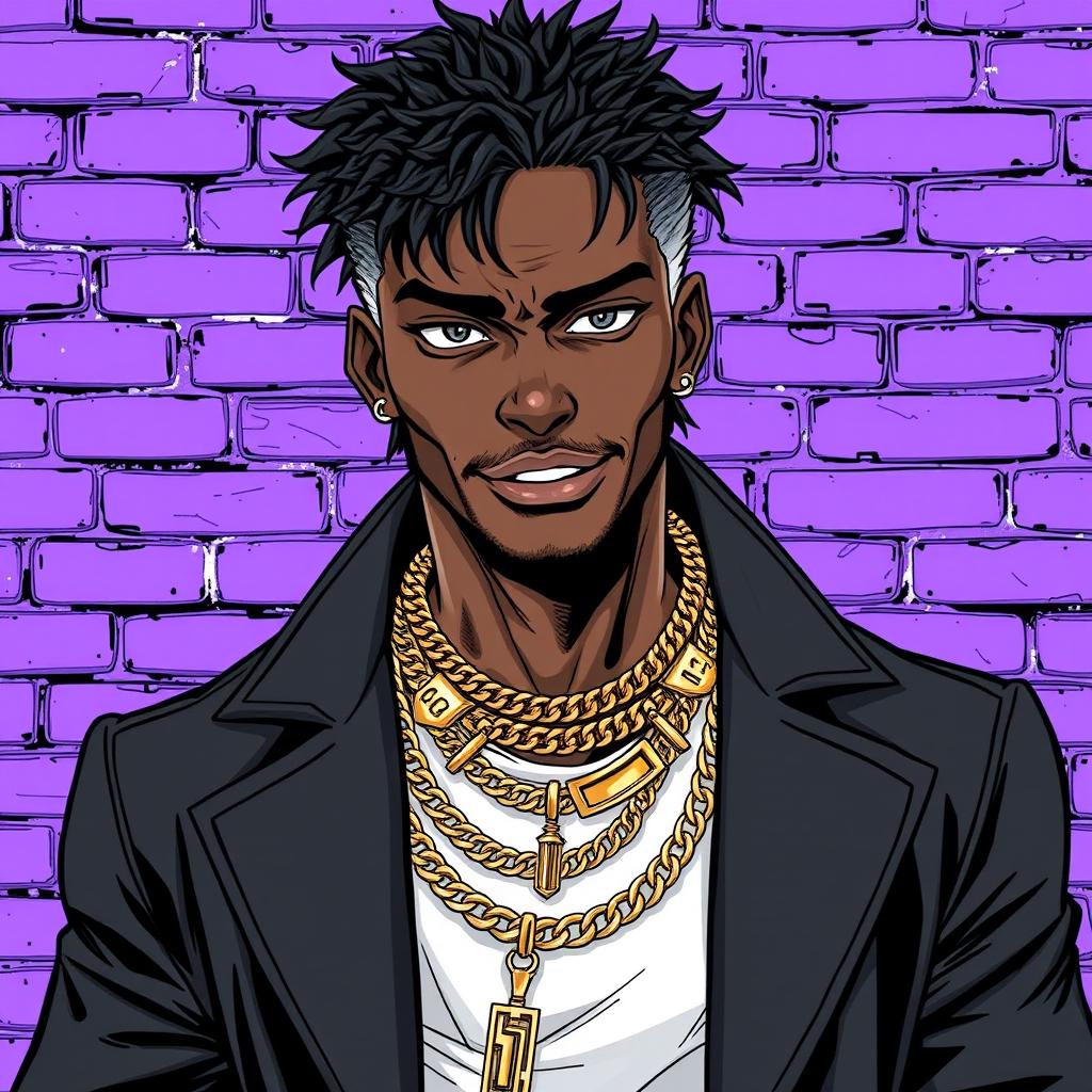 A detailed manga-style illustration of a confident dark-skinned man with shaggy textured hair