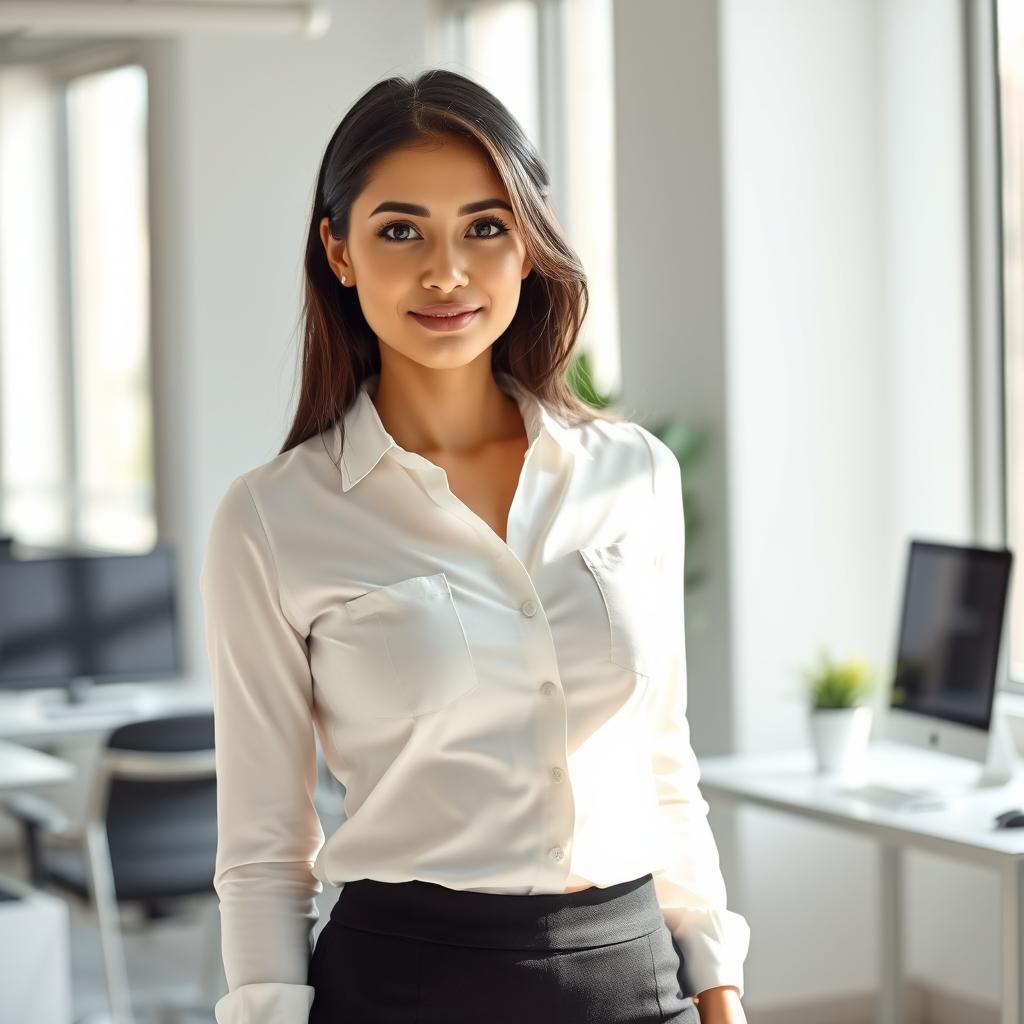 A petite woman with a beautiful face stands in a bright modern office