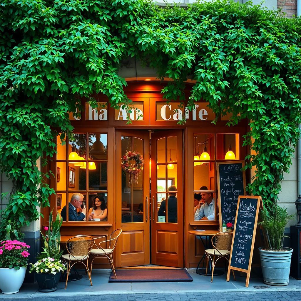 An inviting front view of a charming cafe, showcasing a welcoming entrance adorned with wooden doors and large glass windows