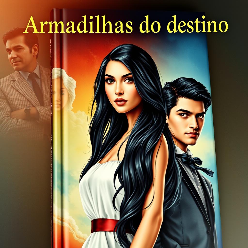 A captivating book cover featuring three characters: a well-preserved 55-year-old man, stylishly dressed and exuding charm, standing confidently with a slight smile; a beautiful 20-year-old woman with a long, flowing black hair cascading down to her waist, her face radiating innocence and youth; and a striking 30-year-old man with a masculine build, piercing amber eyes, and an imposing presence, dressed in a chic outfit