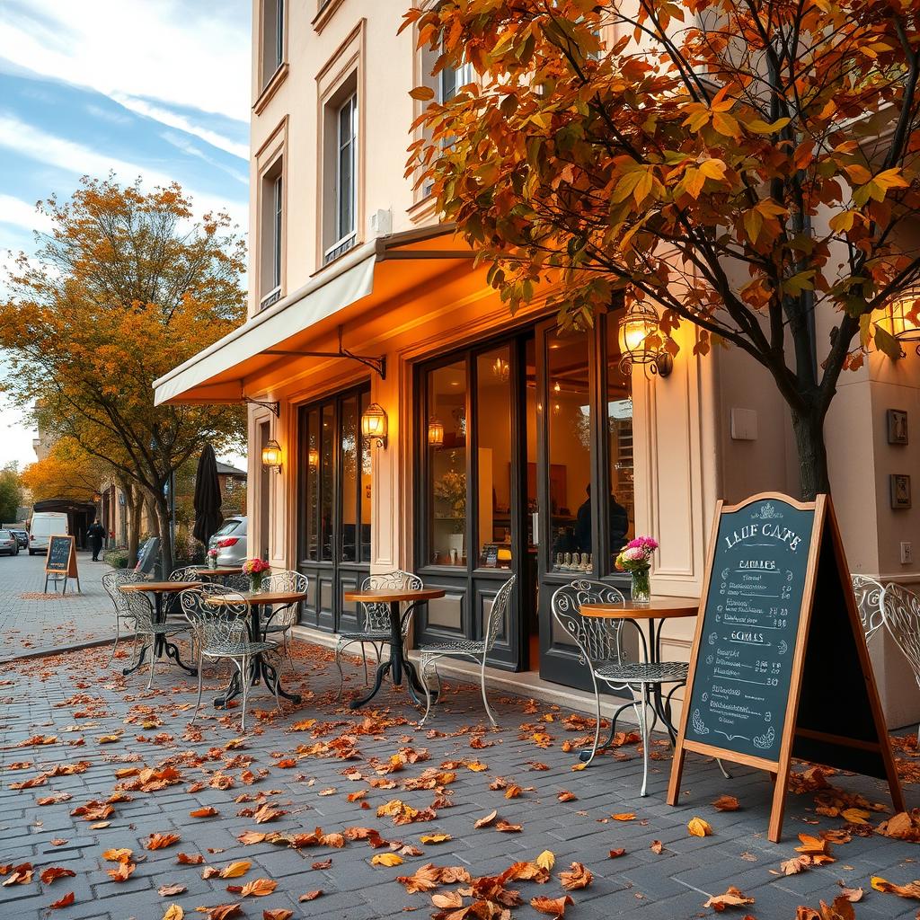 A tranquil scene in front of a charming cafe on a cool afternoon