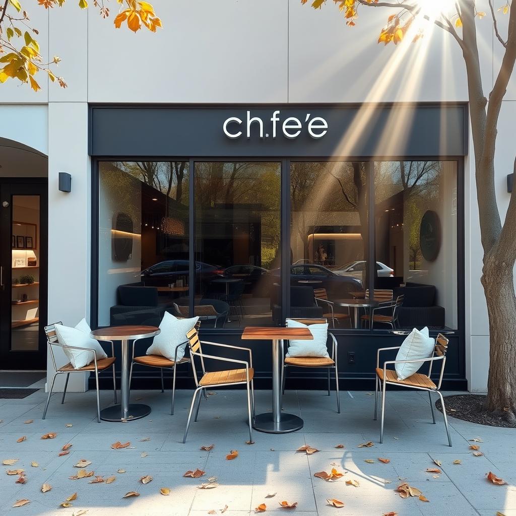 A tranquil scene in front of a modern cafe on a cool afternoon