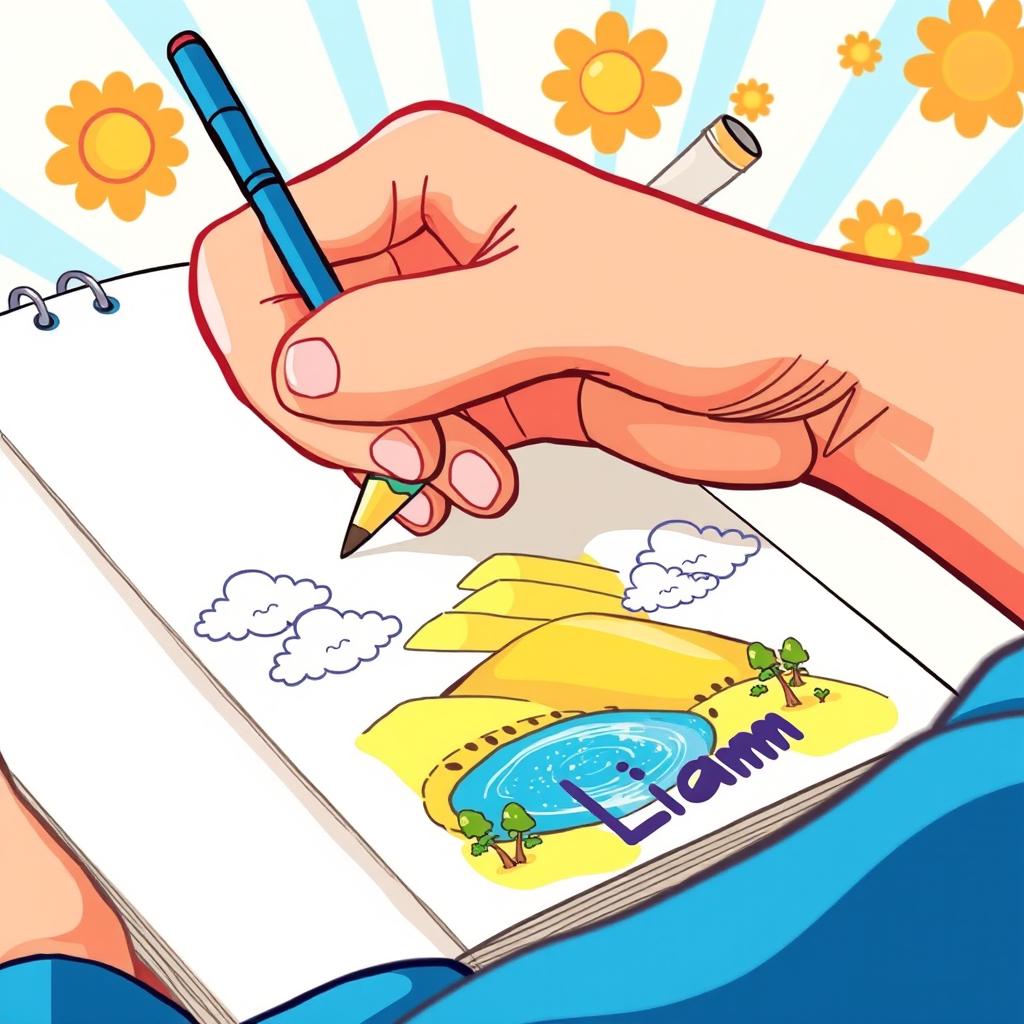 A close-up, cartoonic-style illustration of a young man's hand, named Liam, actively drawing a beautiful landscape in his sketchbook