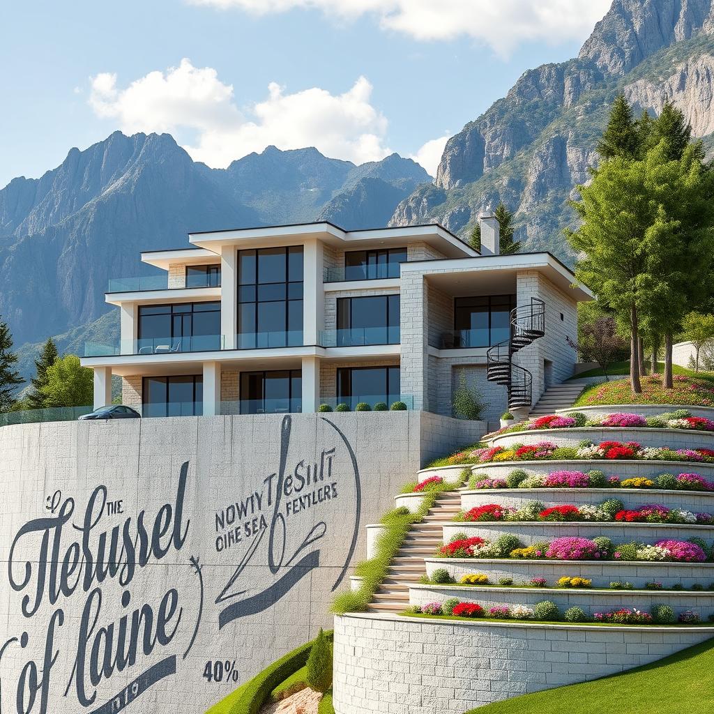 A luxurious two-story house situated at the foothills of tall mountains, built atop a concrete wall that is 4 meters high