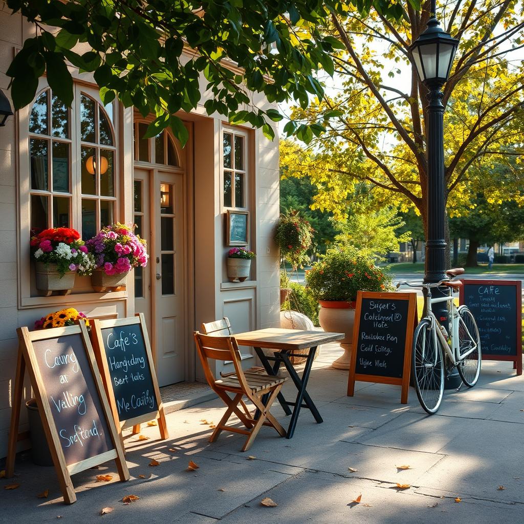 A serene afternoon scene in front of a cozy cafe, showcasing a small outdoor seating area with rustic wooden tables and chairs