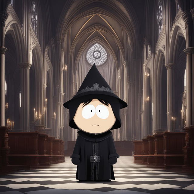 A high-quality digital art image of a South Park character in a dark, epic gothic style, dressed in gothic attire in a cathedral background