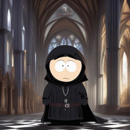 A high-quality digital art image of a South Park character in a dark, epic gothic style, dressed in gothic attire in a cathedral background