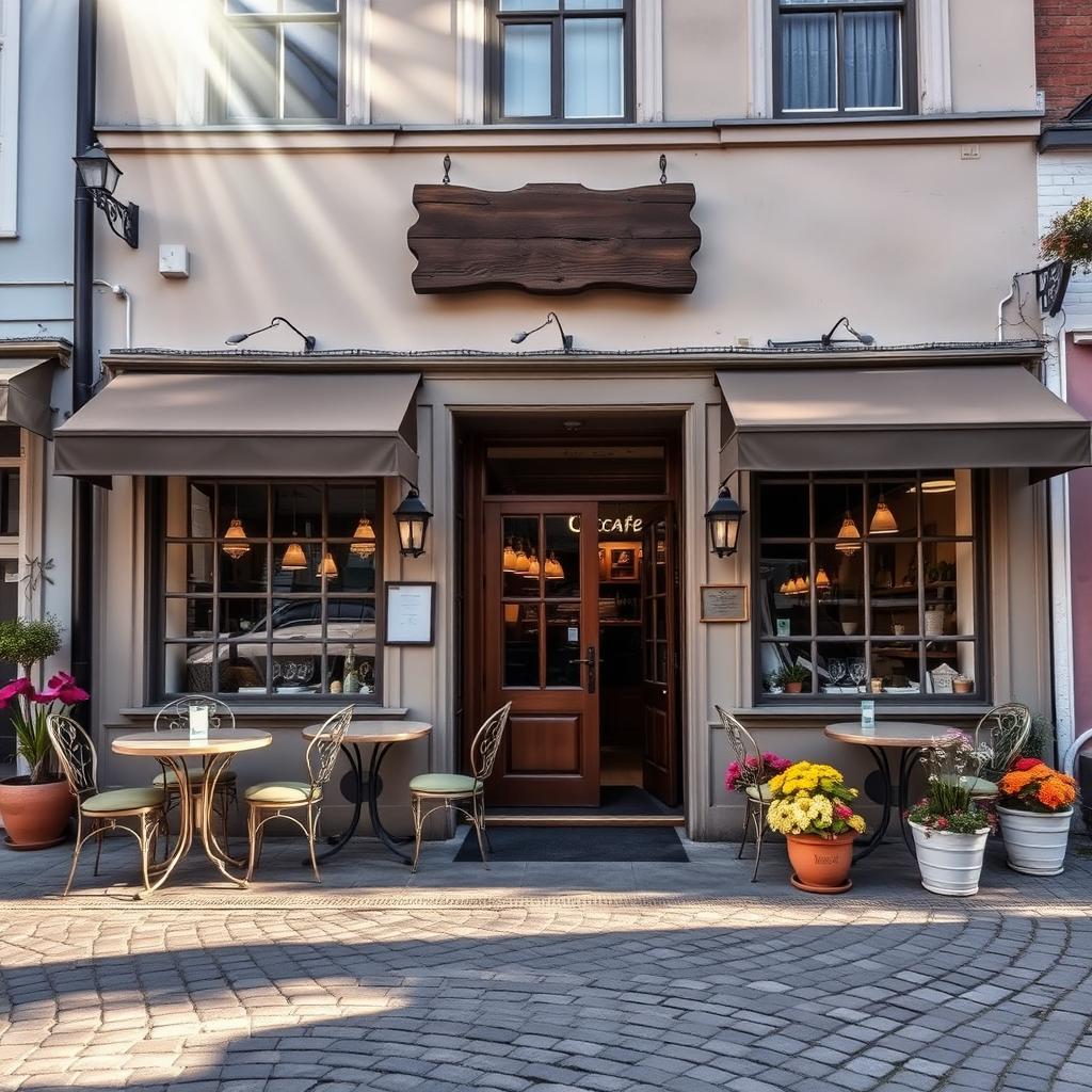 A serene scene in front of a quaint cafe on a cool afternoon, depicting charming outdoor tables with elegant chairs, a rustic wooden sign hanging above the entrance, and colorful potted plants lining the path