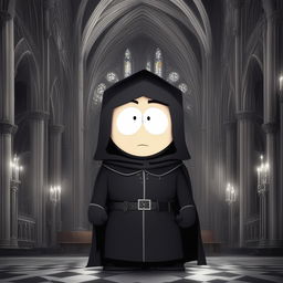 A high-quality digital art image of a South Park character in a dark, epic gothic style, dressed in gothic attire in a cathedral background