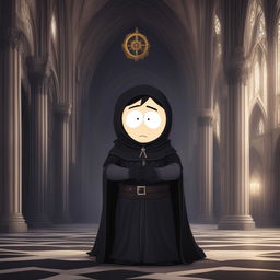 A high-quality digital art image of a South Park character in a dark, epic gothic style, dressed in gothic attire in a cathedral background