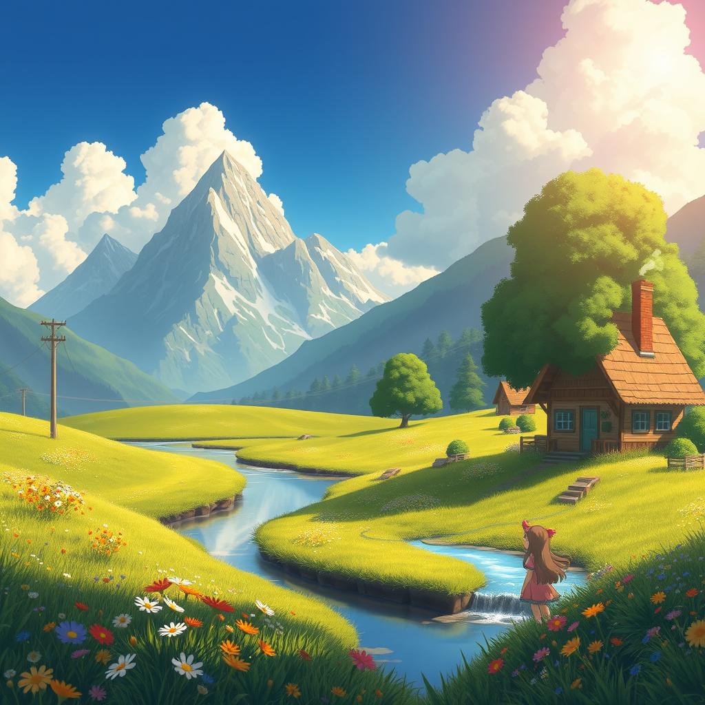 A serene countryside scene inspired by Studio Ghibli, featuring a lush green landscape dotted with colorful wildflowers, a meandering river reflecting the soft sunlight, and a cozy cottage with smoke gently wafting from the chimney