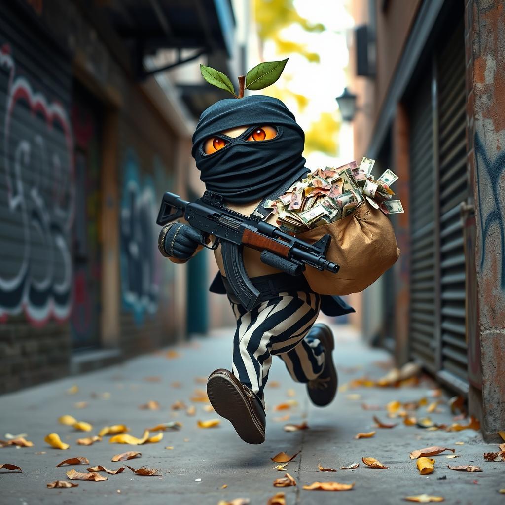 A playful and whimsical character resembling an anthropomorphic apple, dressed in a classic bandit costume, featuring a black mask and striped attire