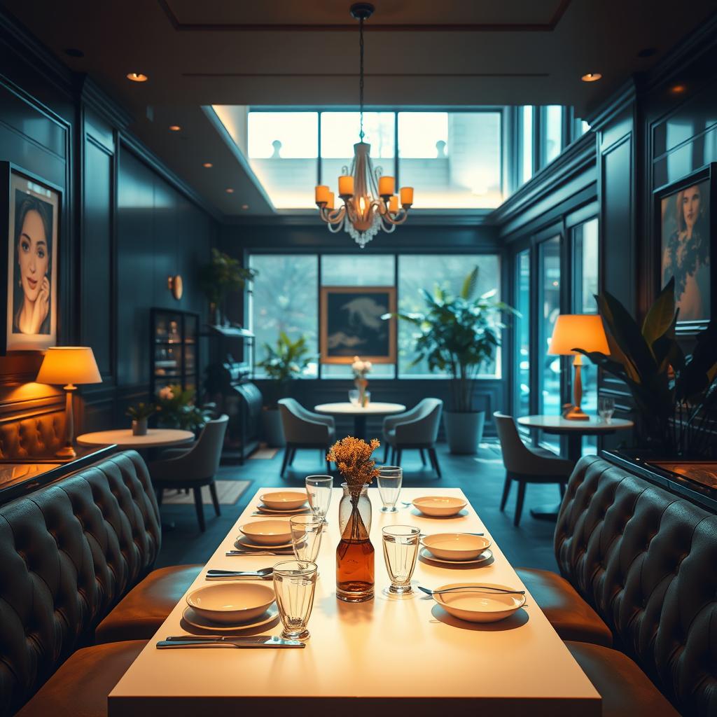 An elegant interior scene of a stylish cafe, featuring a central table set for one with pristine tableware