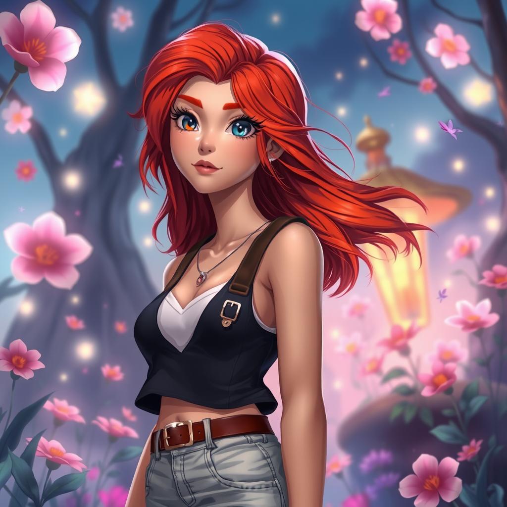 A young female character inspired by Clary Fairchild, featuring bright red hair styled in loose waves, wearing a stylish and trendy outfit that emphasizes her slim build