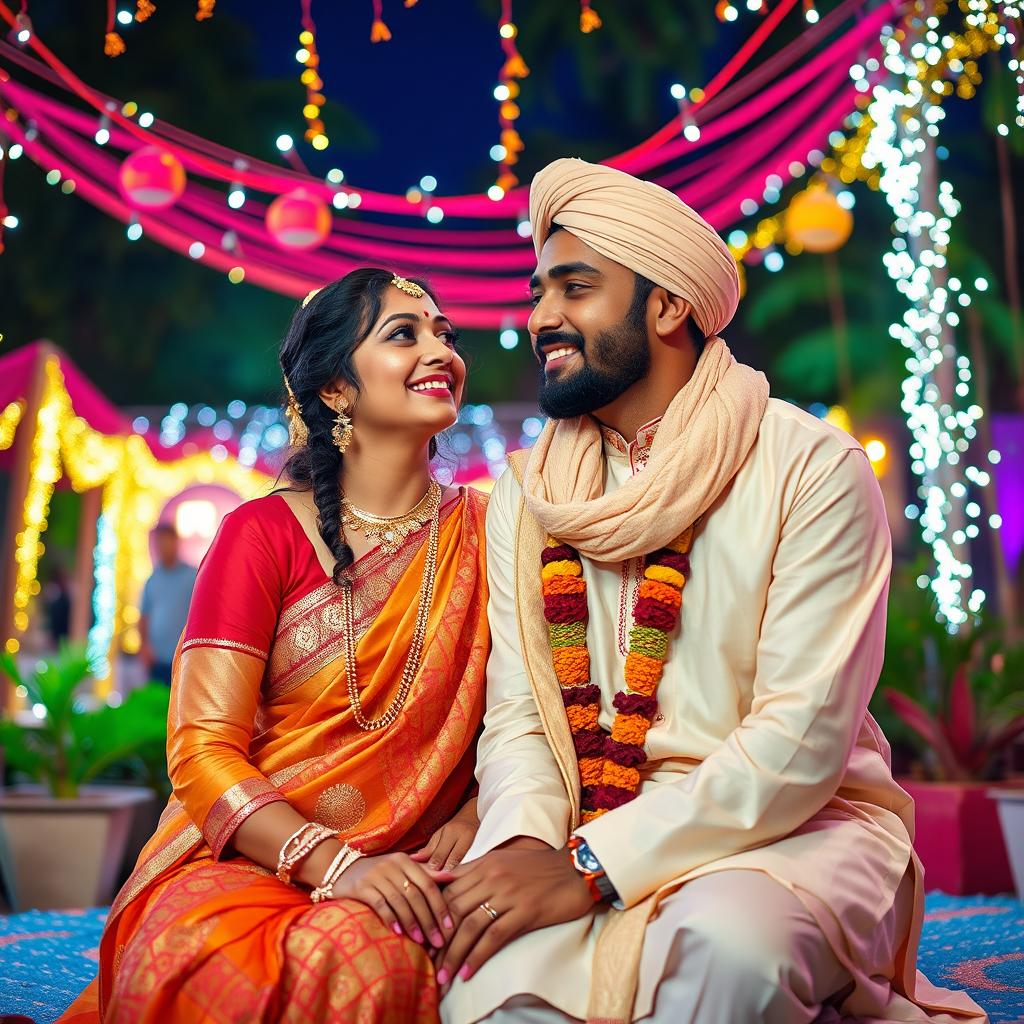 A heartwarming depiction of a Hindu-Muslim couple sharing a moment in a vibrant outdoor setting, infused with cultural elements from both backgrounds