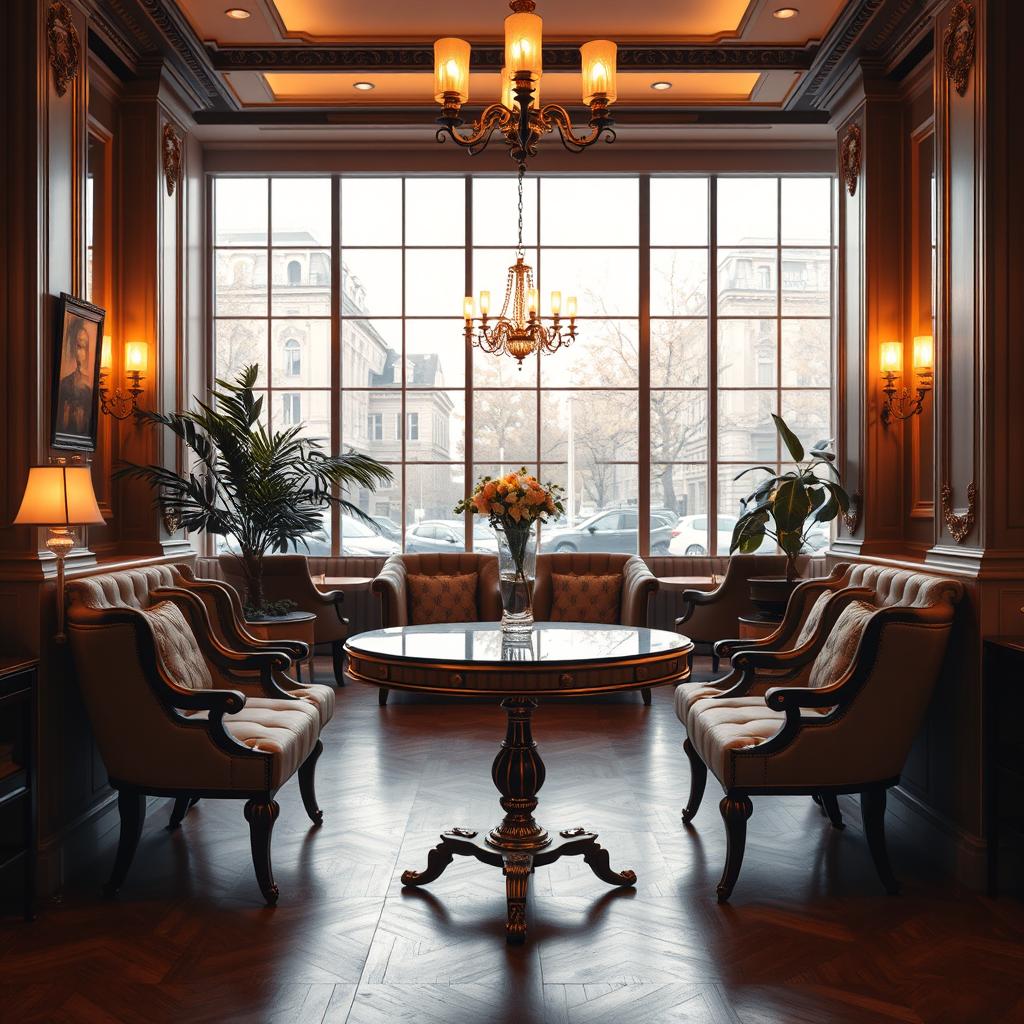 An elegant interior scene of a luxurious cafe featuring a central table that is empty, surrounded by a beautifully decorated ambiance