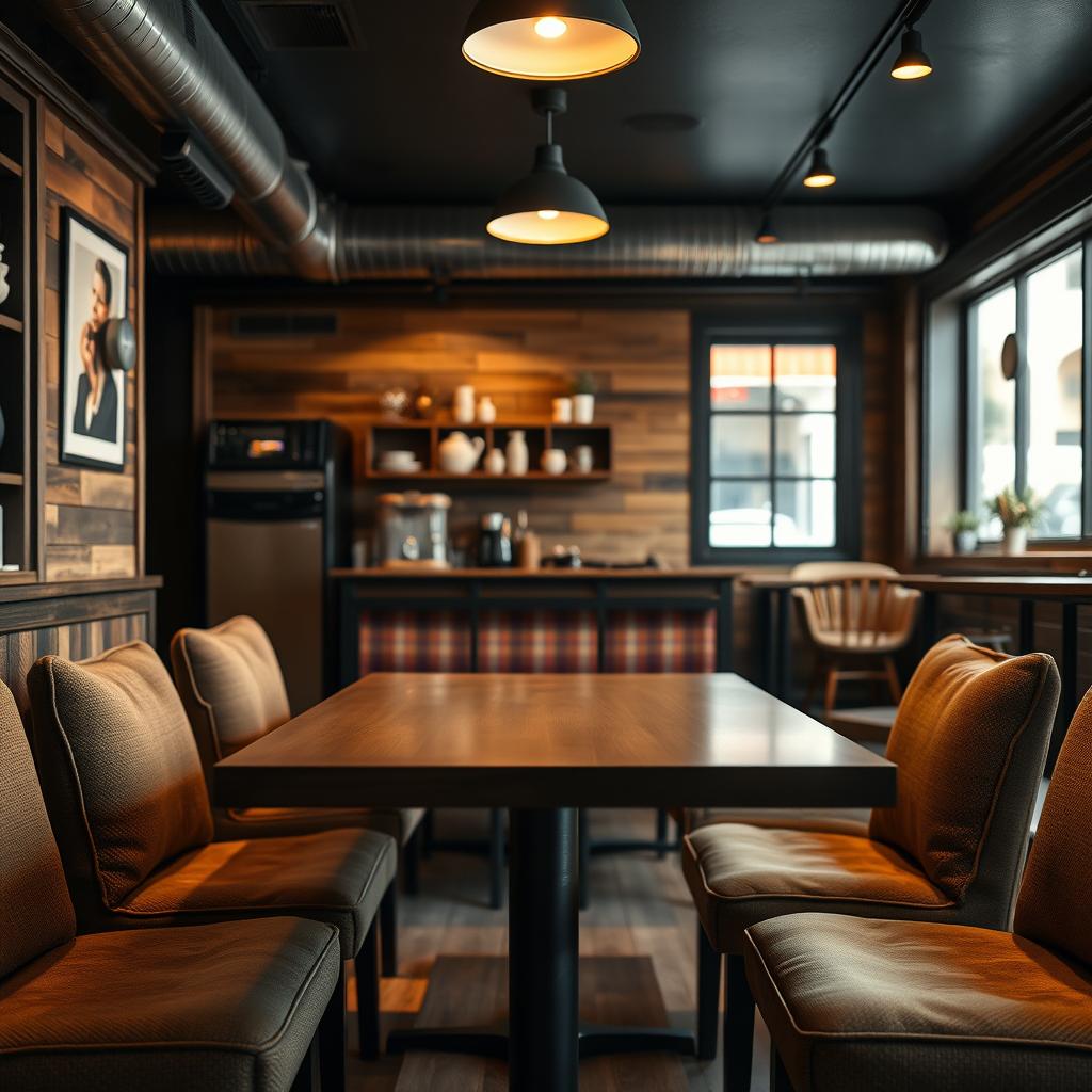 A cozy and inviting coffee shop interior with a focus on a central table that is empty and devoid of any objects