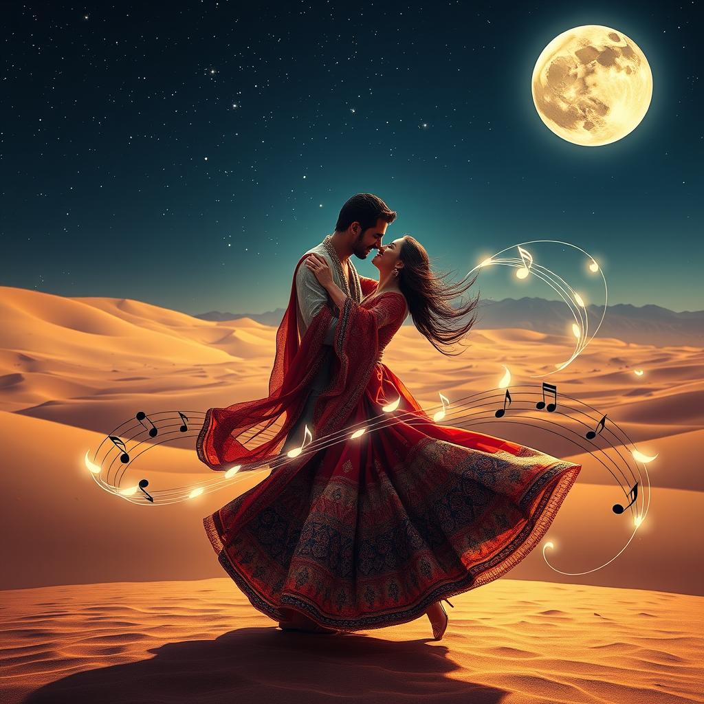 A mesmerizing depiction of Sufi love, showcasing a couple in a passionate dance, clad in flowing traditional attire rich in colors and patterns, their faces radiating pure joy and ecstasy