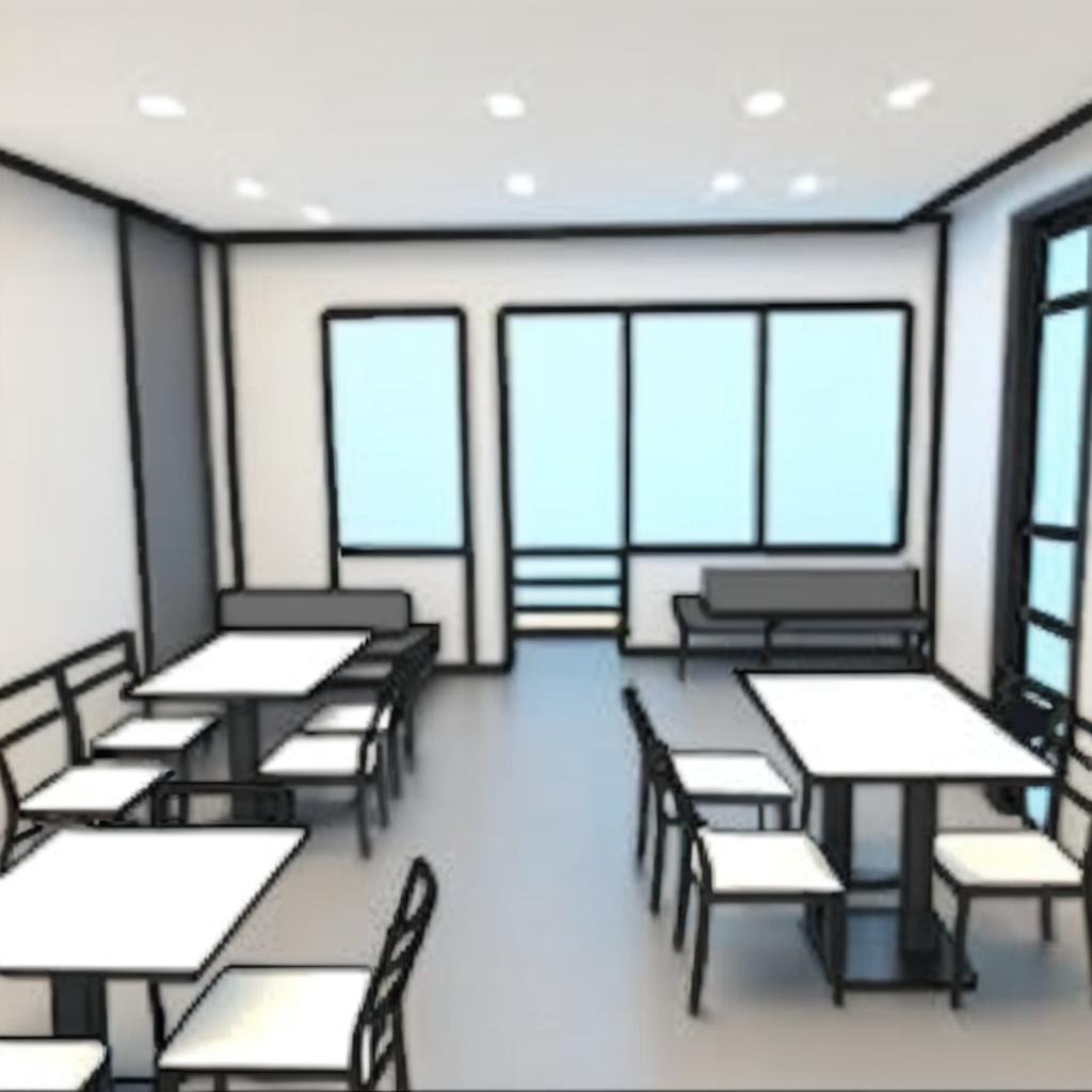 inside view of the cafe, take a table in the center and no one around and nothing on the table, cozy and comfortable space