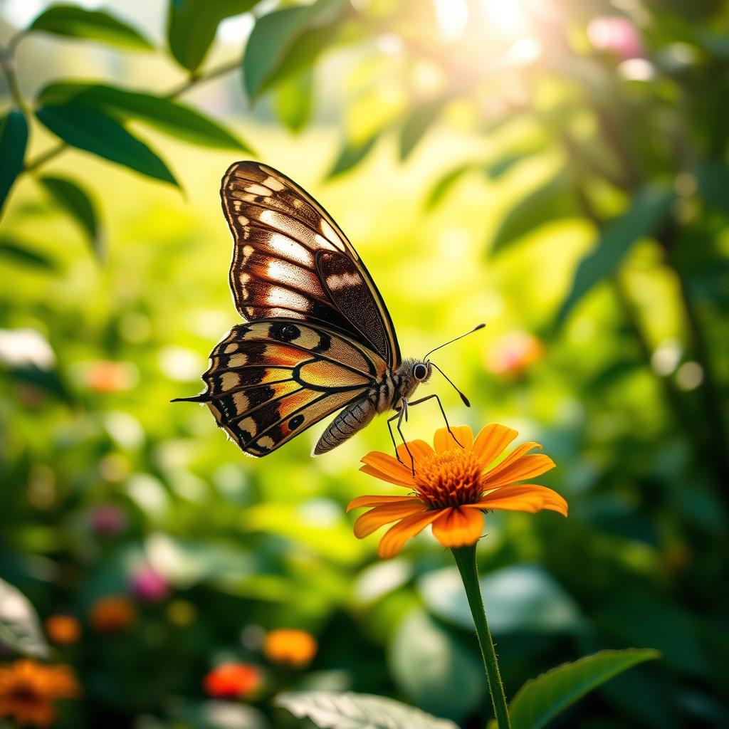 A stunning, realistic butterfly perched delicately on a vibrant flower in a lush, green natural setting