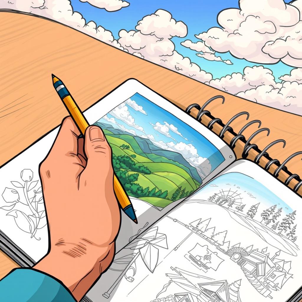 A close-up illustration of a cartoon-style hand drawing a beautiful landscape in a sketchbook