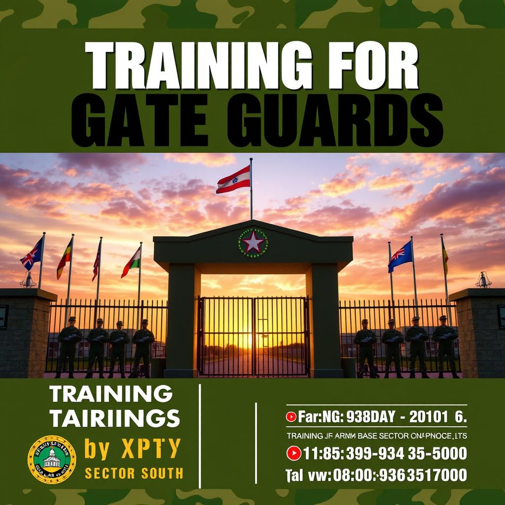 A vibrant and eye-catching poster announcing military training for gate guards at the Barry Army Base, Sector South