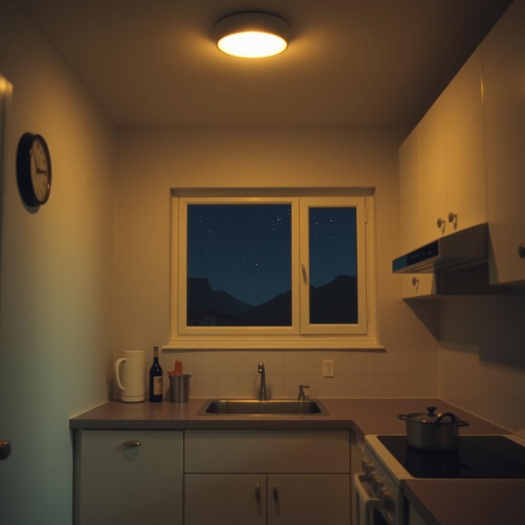 A wide shot of a serene kitchen at night, showcasing a tranquil atmosphere