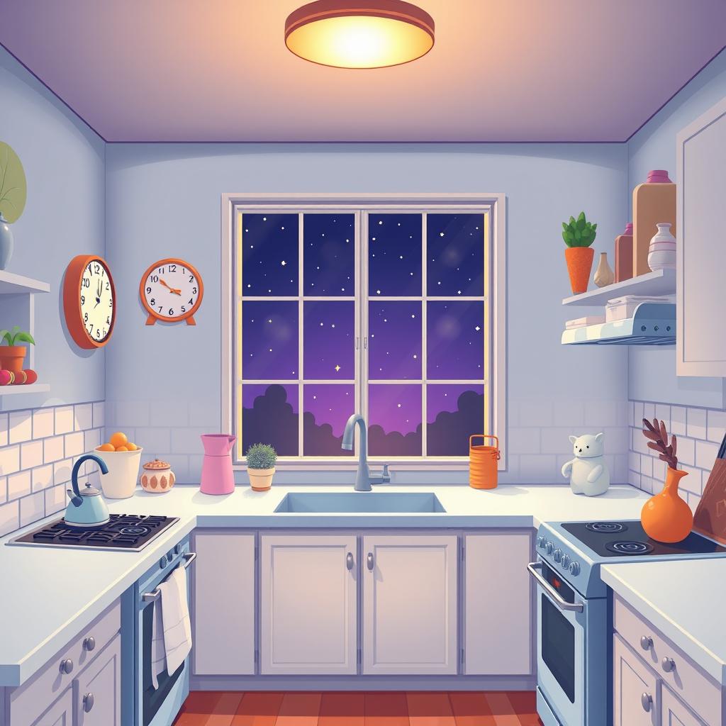 A wide shot of a cartoon-style kitchen at night, capturing a serene and tranquil atmosphere