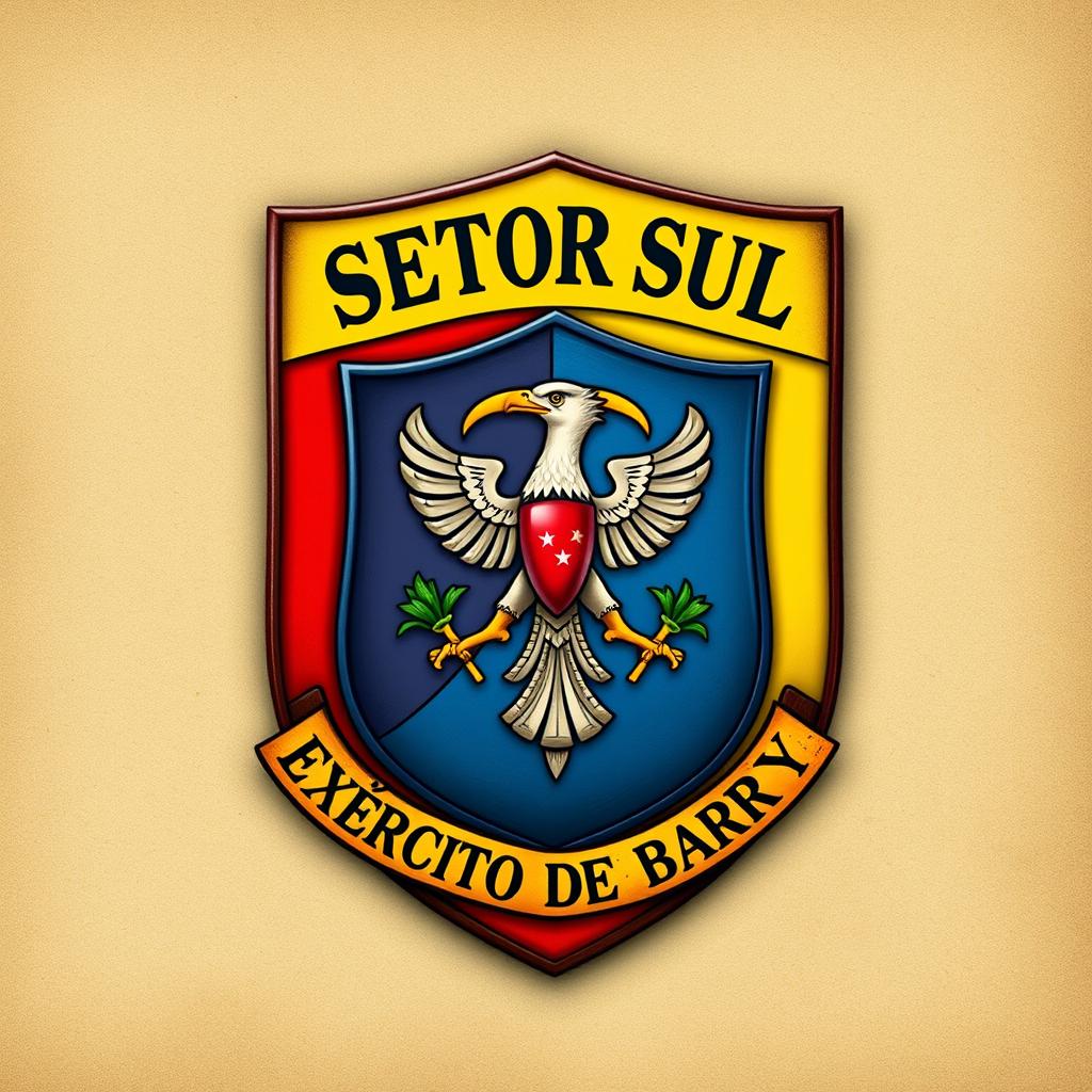 A detailed and artistic depiction of a military shield representing the 'Setor Sul' of the 'Exército de Barry'