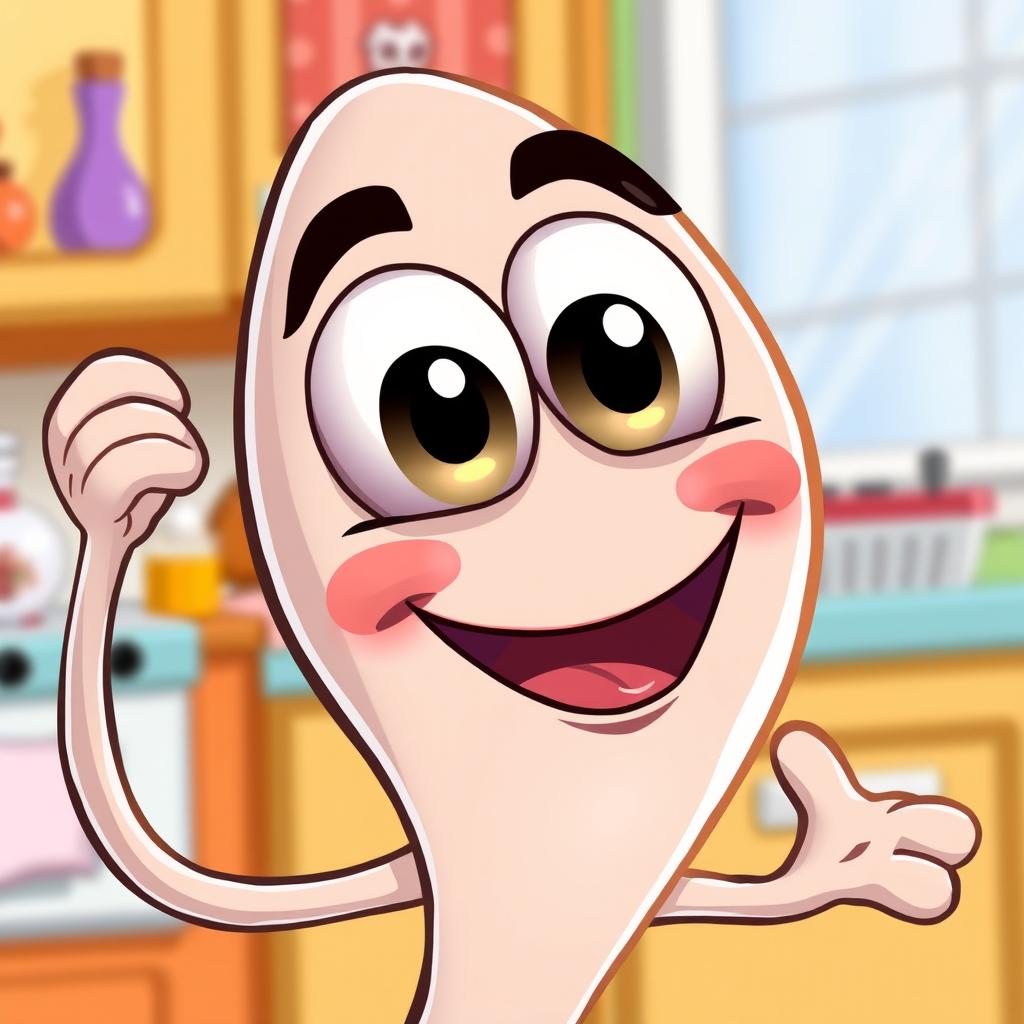 A close-up cartoon-style illustration of Sparky the Spoon, a whimsical cartoon character, as he opens his eyes and stretches his handle