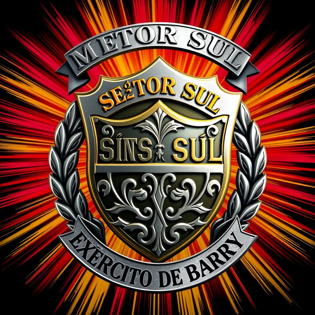 A detailed and vibrant emblem for the 'Exército Metálico', featuring a metallic shield as its centerpiece