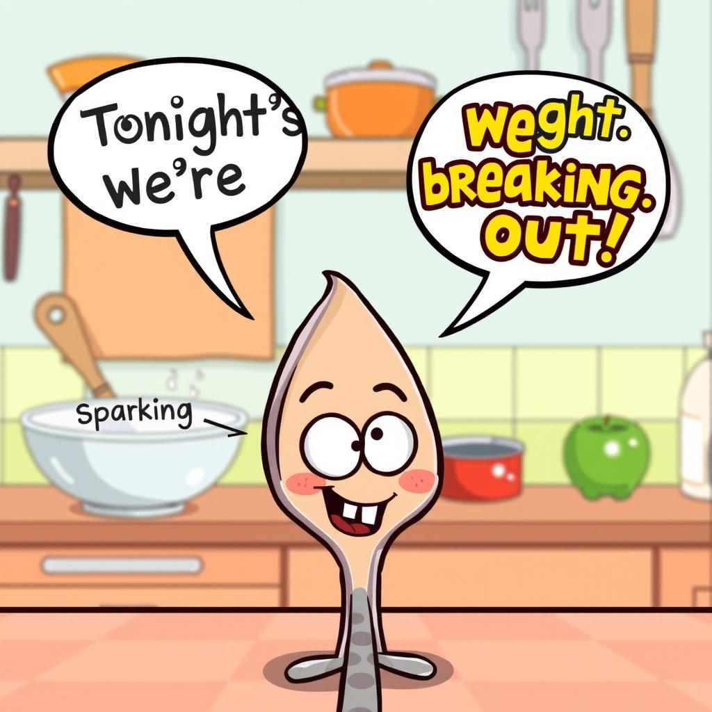 A cartoon-style dialogue panel featuring Sparky the Spoon, animated and expressive, declaring, "Tonight’s the night