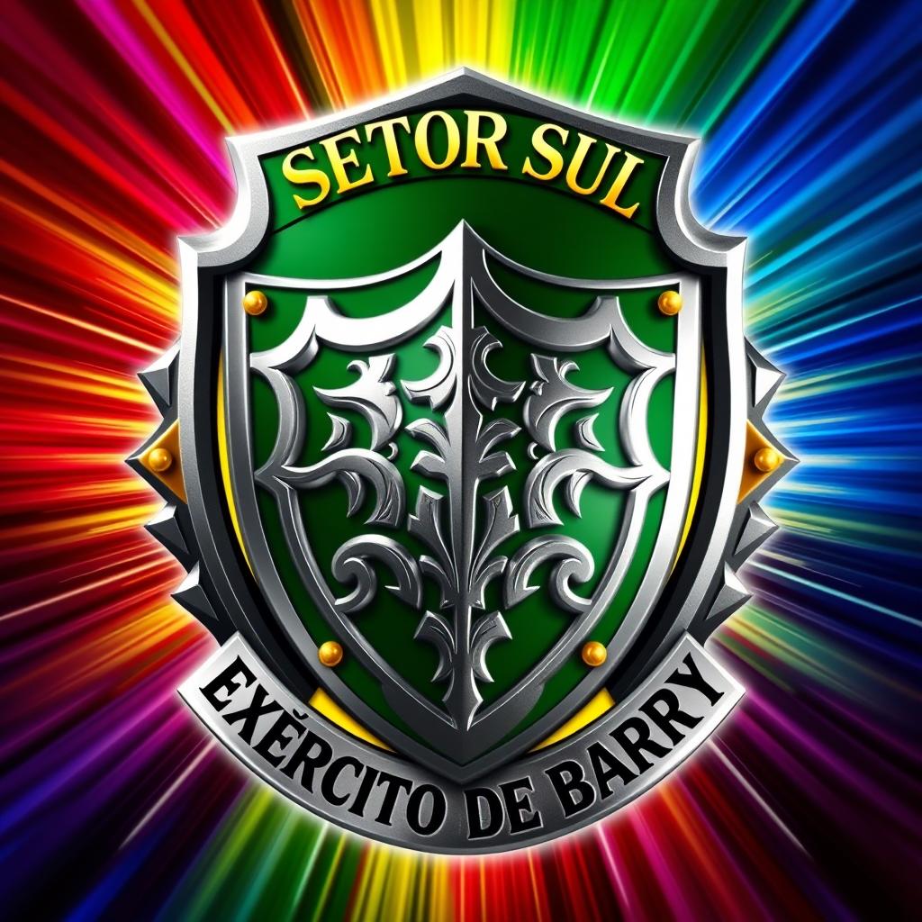 A vibrant and imposing emblem representing the 'Exército Metálico', featuring a prominently displayed metallic shield