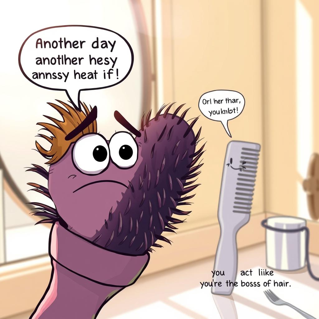 An extreme close-up of a hair brush and comb in a cartoonish style, with a focus on their reflections in a mirror