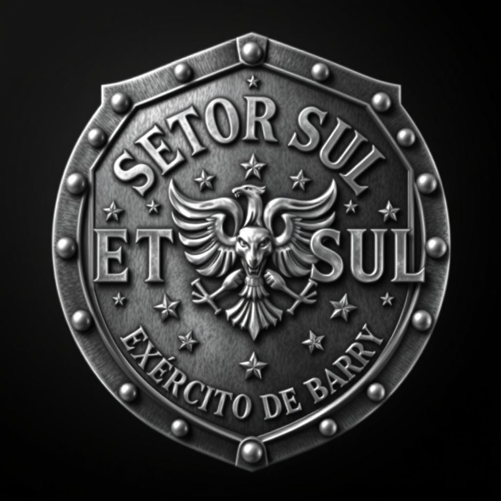 A detailed and striking design of a metal army shield featuring the text 'SETOR SUL, EXÉRCITO DE BARRY'