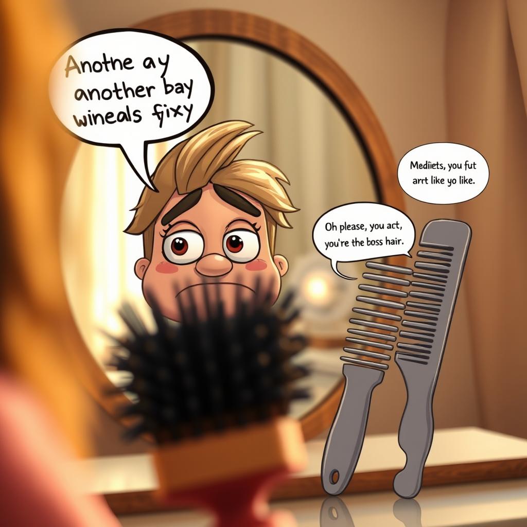An extreme close-up of a cartoonish hair brush and comb, capturing their reflections in a mirror