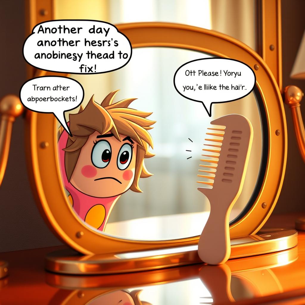 An extreme close-up of a hair brush and comb in a cartoonic style, focusing on their reflections in a beautifully polished mirror