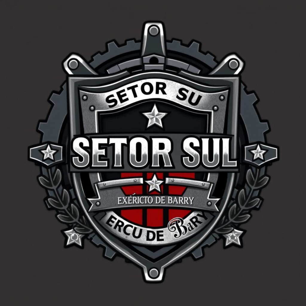 A detailed and striking emblem for a fictional military unit called 'Exército Metálico'