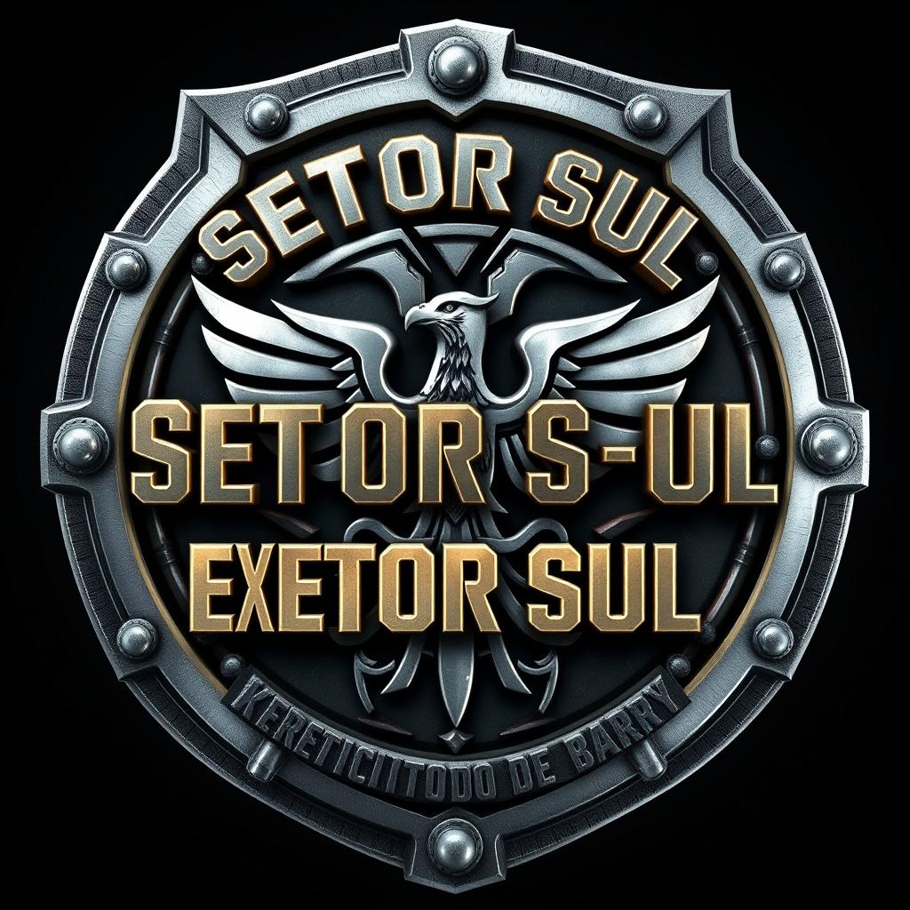 A detailed and artistic representation of a shield emblem for a fictional military unit called 'Setor Sul, Exército de Barry'