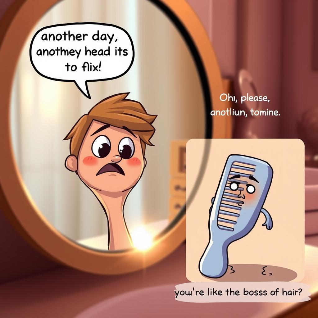 An extreme close-up of a cartoonish hair brush and comb, focusing on their reflections in a shiny mirror