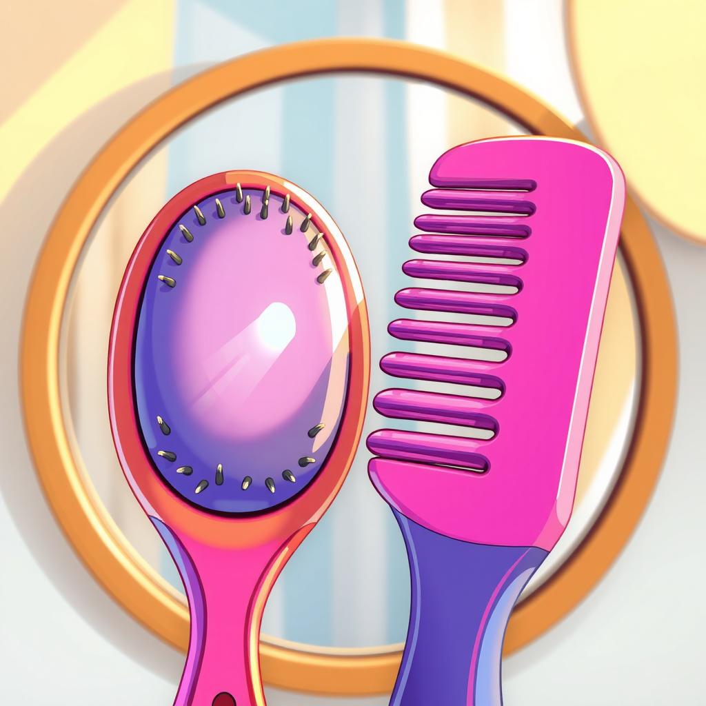 An extreme close-up (ECU) cartoon-style illustration featuring a hairbrush and comb positioned side by side in front of a mirror