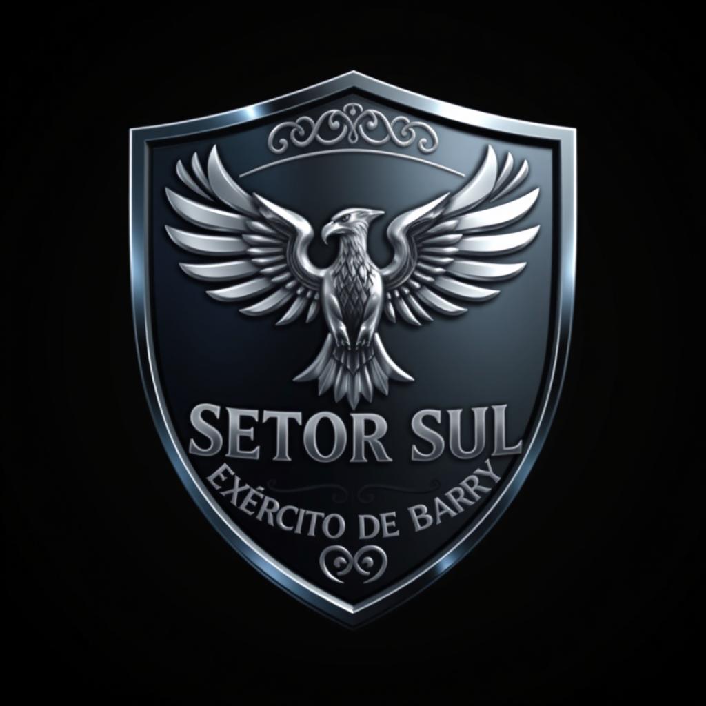 A striking emblematic shield design for a fictional army unit named 'Setor Sul, Exército de Barry'