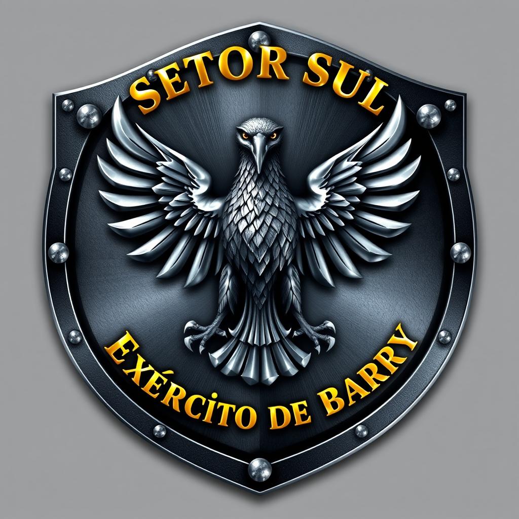 A compelling shield design for the fictional 'Setor Sul, Exército de Barry' featuring a dominant and powerful iron eagle at its center