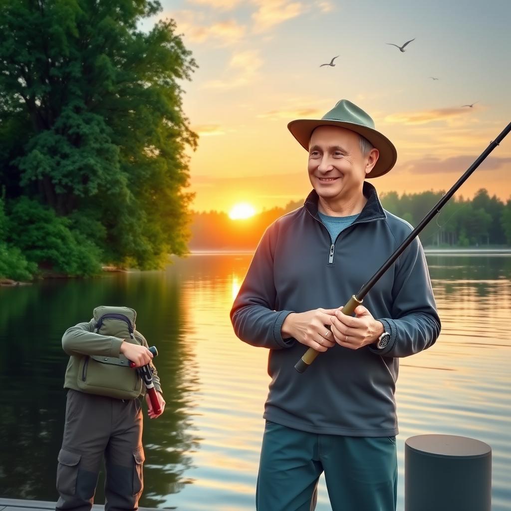A scenic lakeside setting at sunrise featuring two figures fishing together